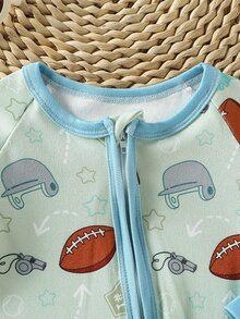Newborn Baby Football Baseball Pentagram Whistle Baseball Cap All-Over Print Full Zip Long Sleeve Romper Loungewear - Green - View 5