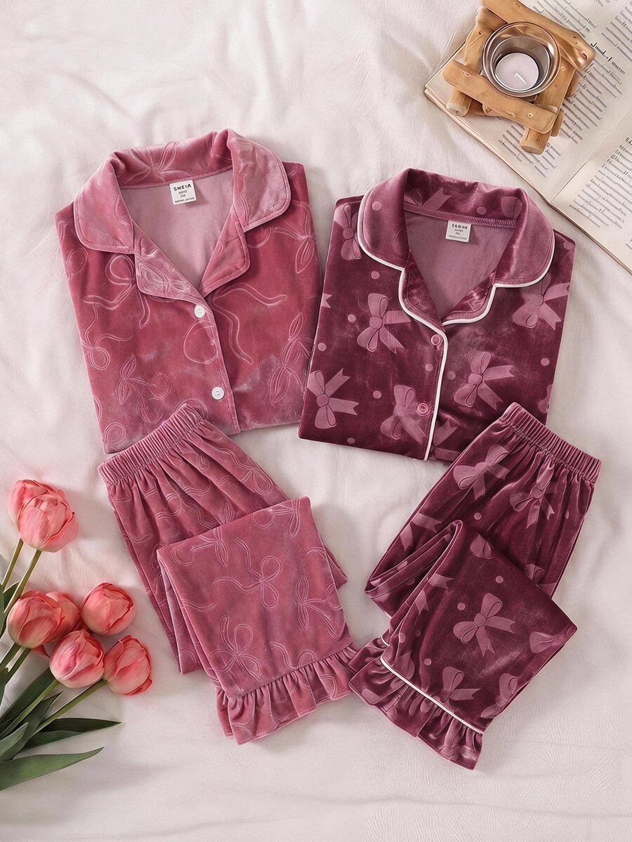 Girls Velvet Ruffle Sleeve Long Sleeve Pants With Pockets Embroidery 2 Pieces Set Spring Autumn - Pink - View 1