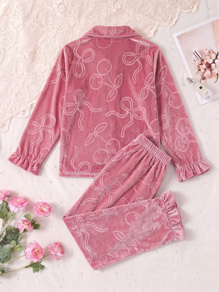 Girls Velvet Ruffle Sleeve Long Sleeve Pants With Pockets Embroidery 2 Pieces Set Spring Autumn - Pink - View 2