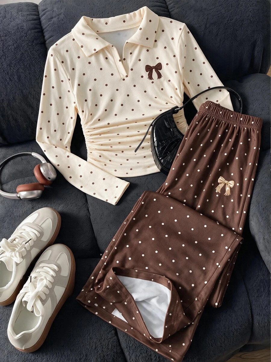 SHEIN Teen Girls Set Polyester Lapel Collar Long Sleeve Pocket Button Front Long Regular Fit T-Shirt Set Birthday Party Back To School Fall Brown - Brown - View 1