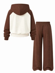 Young Girls 2 Pcs Fall Outfits Color Block Hooded Zip-Up Fleece Sweatshirt & Bow Print Wide Leg Pants Set Fall Clothes Winter - Brown - View 2