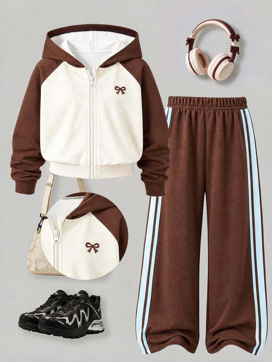 Young Girls 2 Pcs Fall Outfits Color Block Hooded Zip-Up Fleece Sweatshirt & Bow Print Wide Leg Pants Set Fall Clothes Winter - Brown - View 1