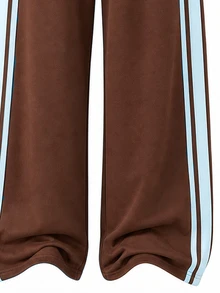 Young Girls 2 Pcs Fall Outfits Color Block Hooded Zip-Up Fleece Sweatshirt & Bow Print Wide Leg Pants Set Fall Clothes Winter - Brown - View 5