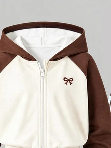 Young Girls 2 Pcs Fall Outfits Color Block Hooded Zip-Up Fleece Sweatshirt & Bow Print Wide Leg Pants Set Fall Clothes Winter - Brown - View 7