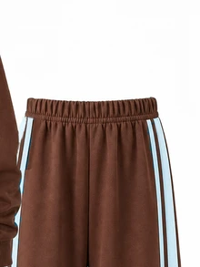 Young Girls 2 Pcs Fall Outfits Color Block Hooded Zip-Up Fleece Sweatshirt & Bow Print Wide Leg Pants Set Fall Clothes Winter - Brown - View 6