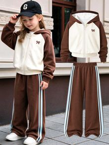Young Girls 2 Pcs Fall Outfits Color Block Hooded Zip-Up Fleece Sweatshirt & Bow Print Wide Leg Pants Set Fall Clothes Winter - Brown - View 4