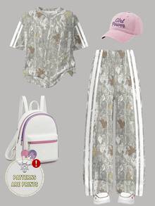 Toddler Girls Fall Leaf Patchwork Striped Short T-Shirt & Wide Leg Pants Set, Casual Autumn Outfit - Multicolor - View 4