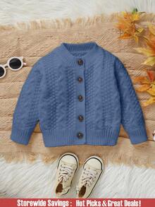 SHEIN Explorewe Cardigan Bayi Laki-Laki, Sederhana, Kasual, Elegan, dan Berkelas dengan Motif Vintage, Cardigan Rajut Wol Lengan Panjang Leher Bulat Warna Biru, Lembut - Biru - View 5