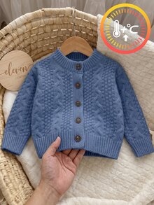 SHEIN Explorewe Cardigan Bayi Laki-Laki, Sederhana, Kasual, Elegan, dan Berkelas dengan Motif Vintage, Cardigan Rajut Wol Lengan Panjang Leher Bulat Warna Biru, Lembut - Biru - View 3