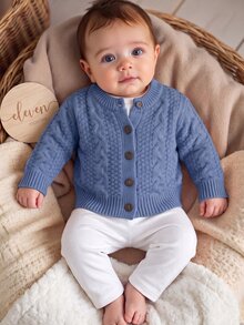 SHEIN Explorewe Cardigan Bayi Laki-Laki, Sederhana, Kasual, Elegan, dan Berkelas dengan Motif Vintage, Cardigan Rajut Wol Lengan Panjang Leher Bulat Warna Biru, Lembut - Biru - View 1