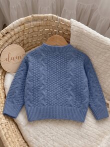 SHEIN Explorewe Cardigan Bayi Laki-Laki, Sederhana, Kasual, Elegan, dan Berkelas dengan Motif Vintage, Cardigan Rajut Wol Lengan Panjang Leher Bulat Warna Biru, Lembut - Biru - View 4