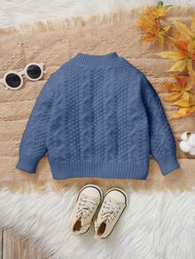 SHEIN Explorewe Cardigan Bayi Laki-Laki, Sederhana, Kasual, Elegan, dan Berkelas dengan Motif Vintage, Cardigan Rajut Wol Lengan Panjang Leher Bulat Warna Biru, Lembut - Biru - View 2