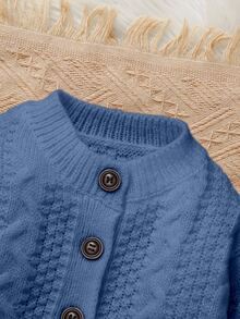 SHEIN Explorewe Cardigan Bayi Laki-Laki, Sederhana, Kasual, Elegan, dan Berkelas dengan Motif Vintage, Cardigan Rajut Wol Lengan Panjang Leher Bulat Warna Biru, Lembut - Biru - View 8