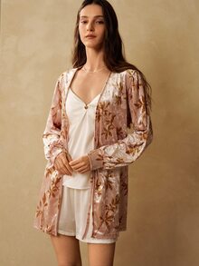 MOTF PREMIUM WOMEN'S LEAF PRINT LONG SLEEVE ROBE - Pink - View 5