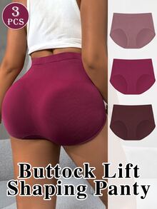 Snug Zone 3 buah Celana Dalam Pembentuk Tubuh Wanita Ukuran Plus Pengontrol Perut Rata Pelangsing Tanpa Jahitan Pengangkat Bokong Warna Polos Bergaris Geometris Elastis Tinggi - MultiWarna - View 5