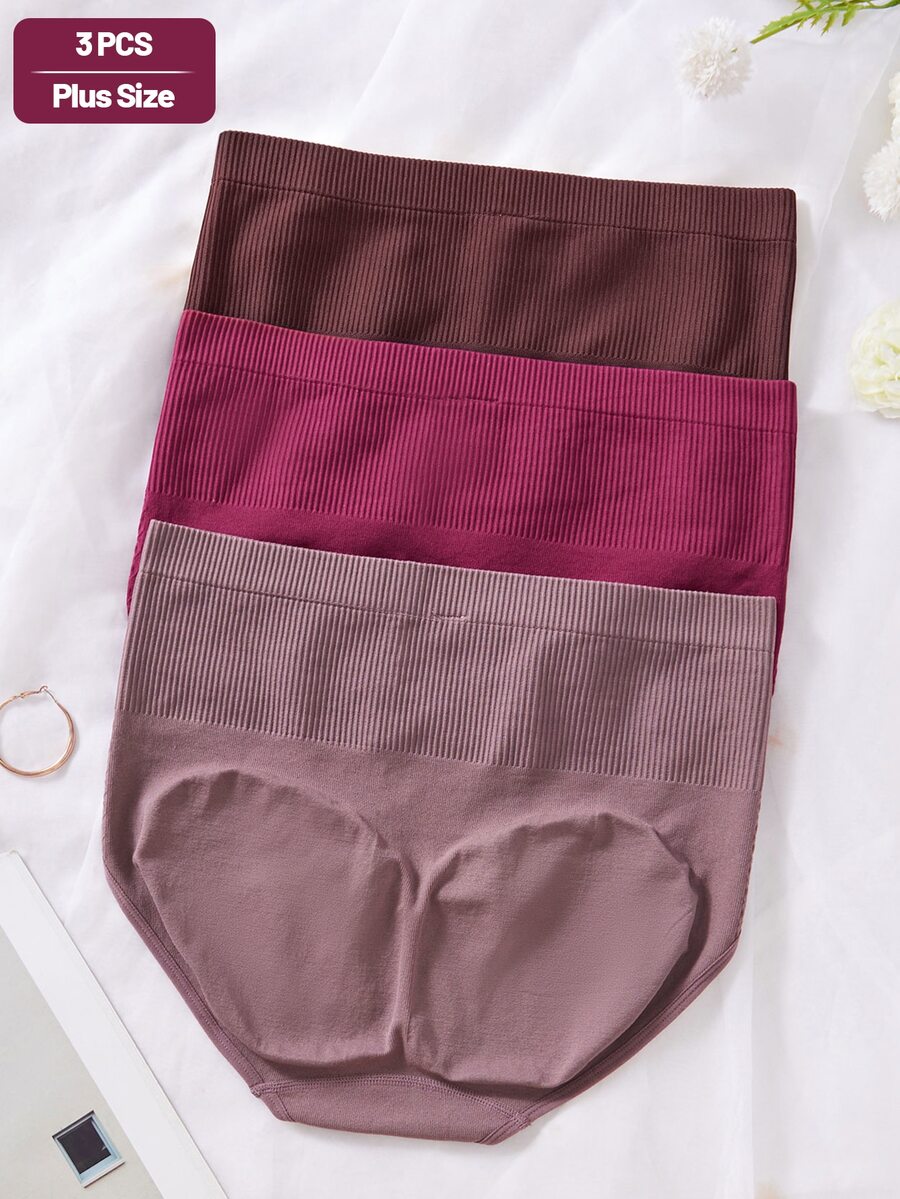 Snug Zone 3 buah Celana Dalam Pembentuk Tubuh Wanita Ukuran Plus Pengontrol Perut Rata Pelangsing Tanpa Jahitan Pengangkat Bokong Warna Polos Bergaris Geometris Elastis Tinggi - MultiWarna - View 1