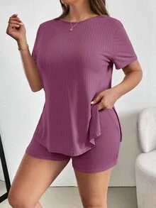 Shapeblank 大尺碼女款純色圓領短袖T恤與短褲休閒寬鬆兩件套，適合夜店、居家、度假、正式場合，深紫色夏季款 - 紫色 - 查看 5