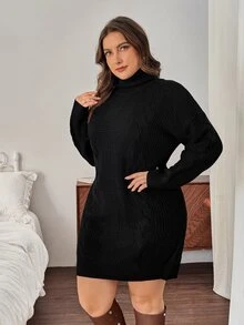 SHEIN Privé 大码女式舒适休闲日常高领阿兰针织宽松直筒毛衣连衣裙，白色，秋冬 - 黑色 - 查看 6