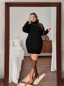 SHEIN Privé 大码女式舒适休闲日常高领阿兰针织宽松直筒毛衣连衣裙，白色，秋冬 - 黑色 - 查看 3