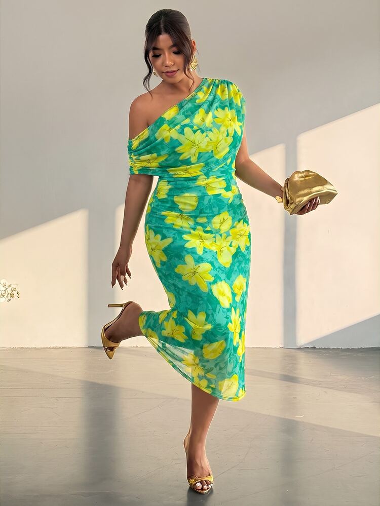 Firerie Plus Size Spring/Summer Minimalist Elegant Asymmetrical Shoulder Short Sleeve Pleated Waist-Cinching Knit Fabric Casual Women's Long Dress Yellow - Green - View 7