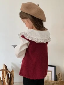 Dazy Kids 女童秋季圓領條紋拼接毛衣 - 紅色 - 查看 2