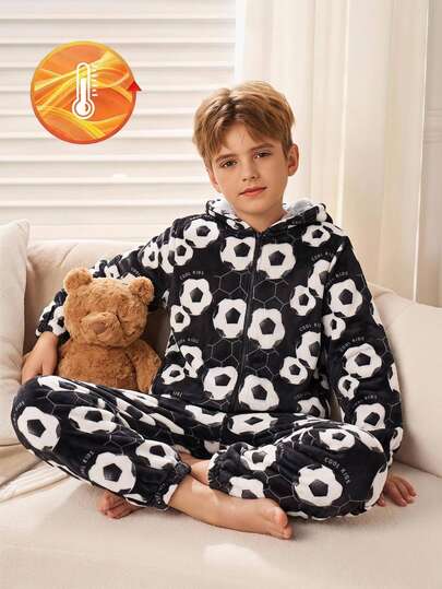 SHEIN Tween Boy Autumn/Winter Minimalist Kids Soccer Pattern Long Sleeve Hooded Zip-Up Soft Skin-Friendly Flannel Loungewear Jumpsuit