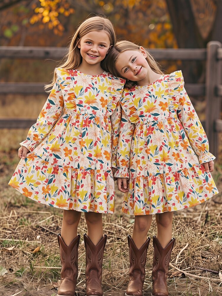 SHEIN Tween Girl Brown And Kids White Vintage Floral Autumn Picnic Long Sleeve Ruffle Loose Dress - Brown - View 9