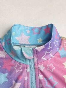 SHEIN 兒童青少年女孩針織彩虹印花3件套 長袖拉鍊外套、細肩帶背心與單車短褲 - 彩色 - 查看 5