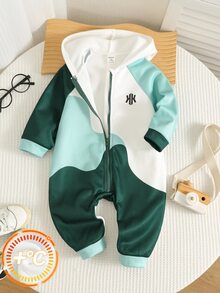 SHEIN 男嬰字母印花拼色休閒日常連帽連身衣 - 墨綠色 - 查看 1