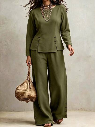 Weeklong Conjunto de 2 piezas casual para mujer talla grande, cuello redondo, bajo asimétrico, decoración con botones, primavera/otoño