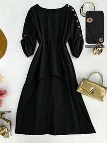 Linhara Plus Size Women's Spring/Summer Fashion Casual Minimalist Versatile Vintage Solid Black Shirt With Adjustable Cuffs, Suitable For Spring/Autumn Wear - Black - View 4