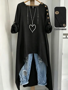Linhara Plus Size Women's Spring/Summer Fashion Casual Minimalist Versatile Vintage Solid Black Shirt With Adjustable Cuffs, Suitable For Spring/Autumn Wear - Black - View 3