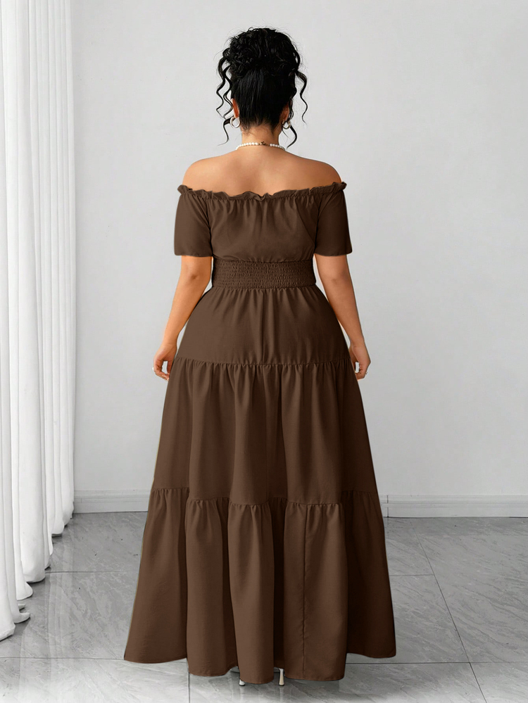 Elenzga Plus Size Women's Spring/Summer Elegant Exquisite Elastic Off-Shoulder Cinched Waist Patchwork Short Sleeve Dress - Brown - View 2