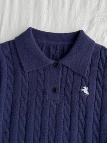Sweater Rajut Lengan Panjang Model Pas Badan dengan Kerah Polo Warna Biru Tua Model Baru untuk Remaja Perempuan Musim Gugur/Musim Dingin - Royal Blue - View 4