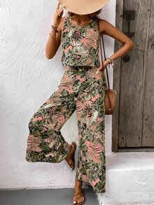 EMERY ROSE Women's Tropical Plant Print Round Neck Vest And Wide Leg Pants Loose Casual Two-Piece Set For Vacation - Pink - View 8