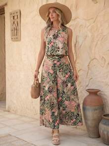 EMERY ROSE Women's Tropical Plant Print Round Neck Vest And Wide Leg Pants Loose Casual Two-Piece Set For Vacation - Pink - View 3
