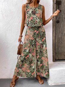 EMERY ROSE Women's Tropical Plant Print Round Neck Vest And Wide Leg Pants Loose Casual Two-Piece Set For Vacation - Pink - View 6