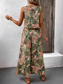 EMERY ROSE Women's Tropical Plant Print Round Neck Vest And Wide Leg Pants Loose Casual Two-Piece Set For Vacation - Pink - View 2
