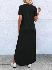 SHEIN 女士夏季纯色圆领短袖长款休闲 T 恤连衣裙，带口袋，女士休闲不对称，口袋短袖圆领宽松长款黑色常规袖纯色 T 恤女式长裙，春夏，休闲日常穿着长款女装 - 黑色 - 查看 2