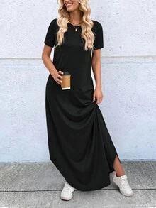 SHEIN 女士夏季纯色圆领短袖长款休闲 T 恤连衣裙，带口袋，女士休闲不对称，口袋短袖圆领宽松长款黑色常规袖纯色 T 恤女式长裙，春夏，休闲日常穿着长款女装 - 黑色 - 查看 6