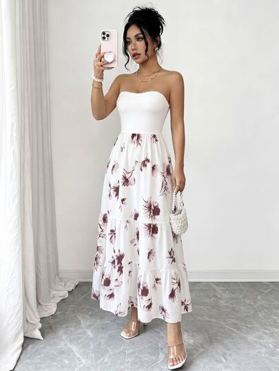 SHEIN PariChic Women's White Floral Ditsy Patchwork Dress,Waist Cinched Tiered Ruffle Hem Dress,Summer Tropical Holiday Vacation,Easter Garden Picnic,Music Festival