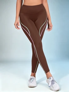 SHEIN Sports Contrast Stitching Wide Waist Sports Muscle Athletic Leggings Gym Sport Brown Summer - Brown - View 6