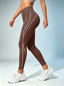 SHEIN Sports Contrast Stitching Wide Waist Sports Muscle Athletic Leggings Gym Sport Brown Summer - Brown - View 4