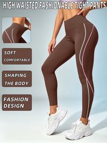 SHEIN Sports Contrast Stitching Wide Waist Sports Muscle Athletic Leggings Gym Sport Brown Summer - Brown - View 1