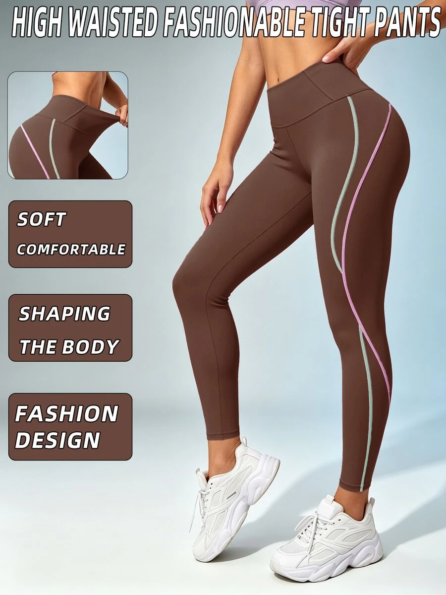 SHEIN Sports Contrast Stitching Wide Waist Sports Muscle Athletic Leggings Gym Sport Brown Summer - Brown - View 1