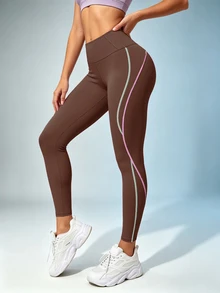SHEIN Sports Contrast Stitching Wide Waist Sports Muscle Athletic Leggings Gym Sport Brown Summer - Brown - View 5