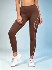 SHEIN Sports Contrast Stitching Wide Waist Sports Muscle Athletic Leggings Gym Sport Brown Summer - Brown - View 8