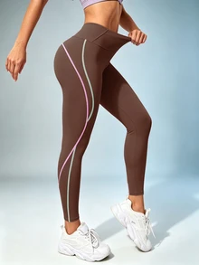 SHEIN Sports Contrast Stitching Wide Waist Sports Muscle Athletic Leggings Gym Sport Brown Summer - Brown - View 7