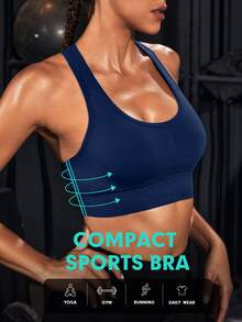 Powerista Women's Solid Color Trimmed Cropped Fitted Sports Bra (Seamless Style) - Navy Blue - View 4