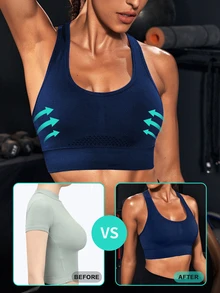 Powerista Women's Solid Color Trimmed Cropped Fitted Sports Bra (Seamless Style) - Navy Blue - View 2